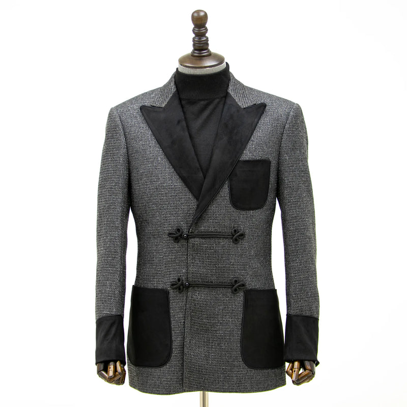 Charcoal Waffle-Weave Modern-Fit Tuxedo Jacket with Velvet Trim