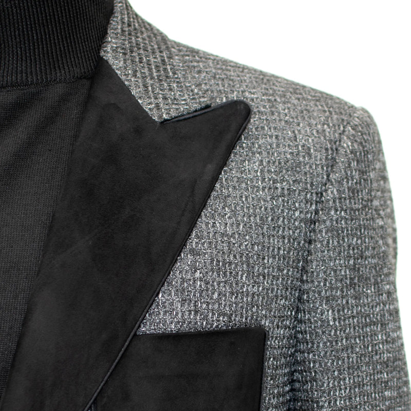 Charcoal Waffle-Weave Modern-Fit Tuxedo Jacket with Velvet Trim