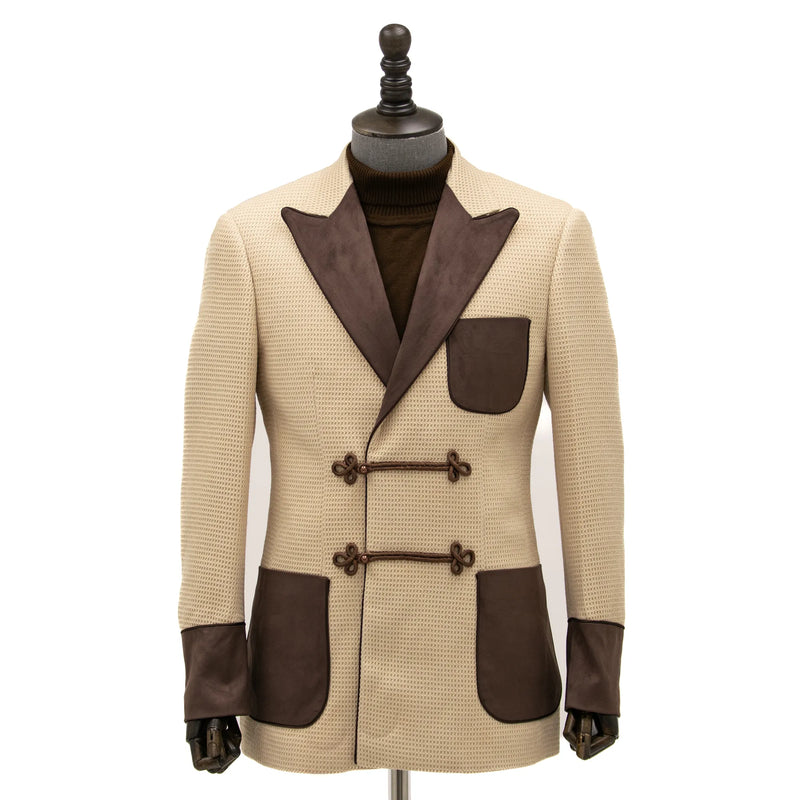 Tan Waffle-Weave Modern-Fit Tuxedo Jacket with Velvet Trim