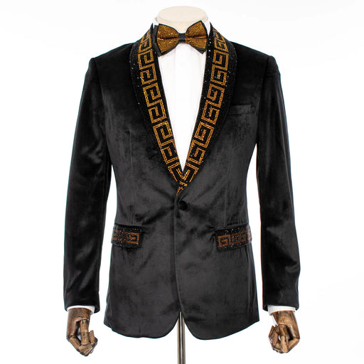 Black Velvet with Gold Rhinestones Tailored-Fit Tuxedo Jacket