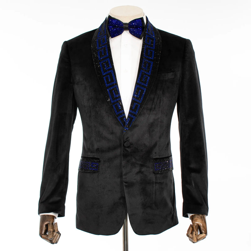 Black Velvet with Royal Blue Rhinestones Tailored-Fit Tuxedo Jacket