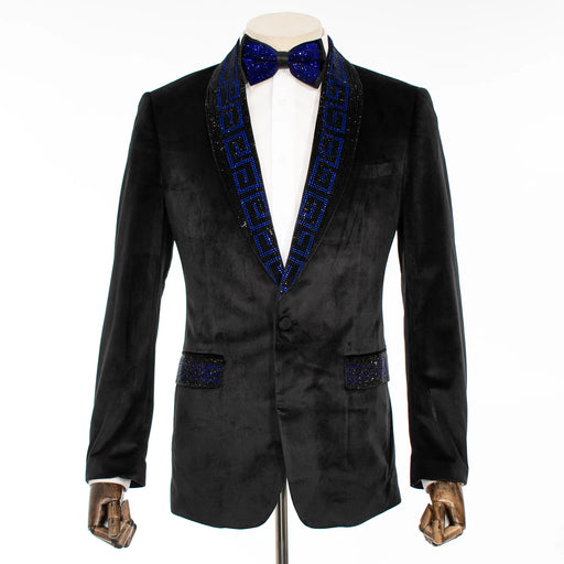 Black Velvet with Royal Blue Rhinestones Tailored-Fit Tuxedo Jacket