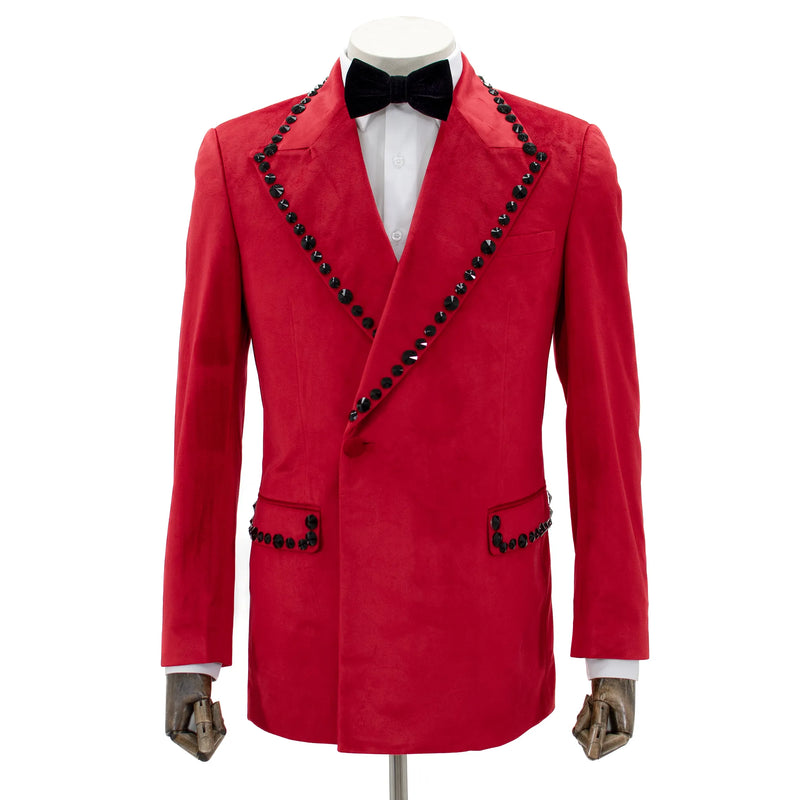 Red Velvet Modern-Fit Tuxedo Jacket with Large Black Rhinestones