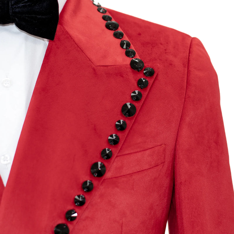 Red Velvet Modern-Fit Tuxedo Jacket with Large Black Rhinestones