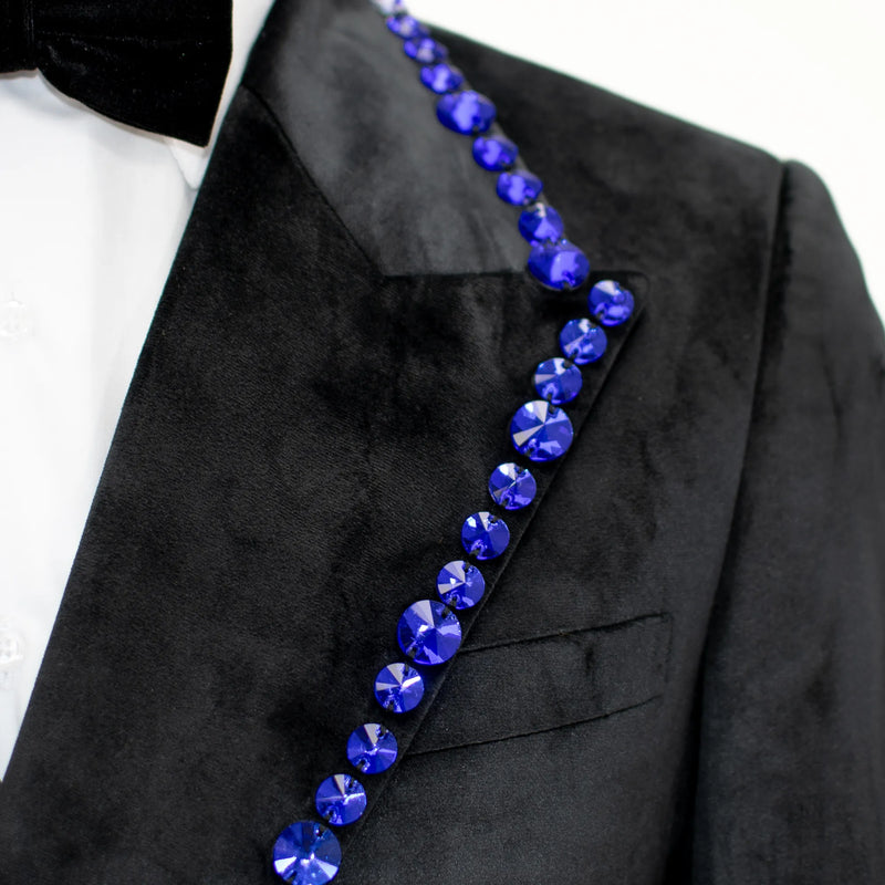 Black Velvet Modern-Fit Tuxedo Jacket with Large Blue Rhinestones