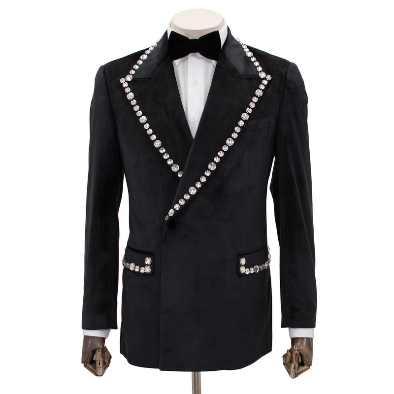 Black Velvet Modern-Fit Tuxedo Jacket with Large Silver Rhinestones