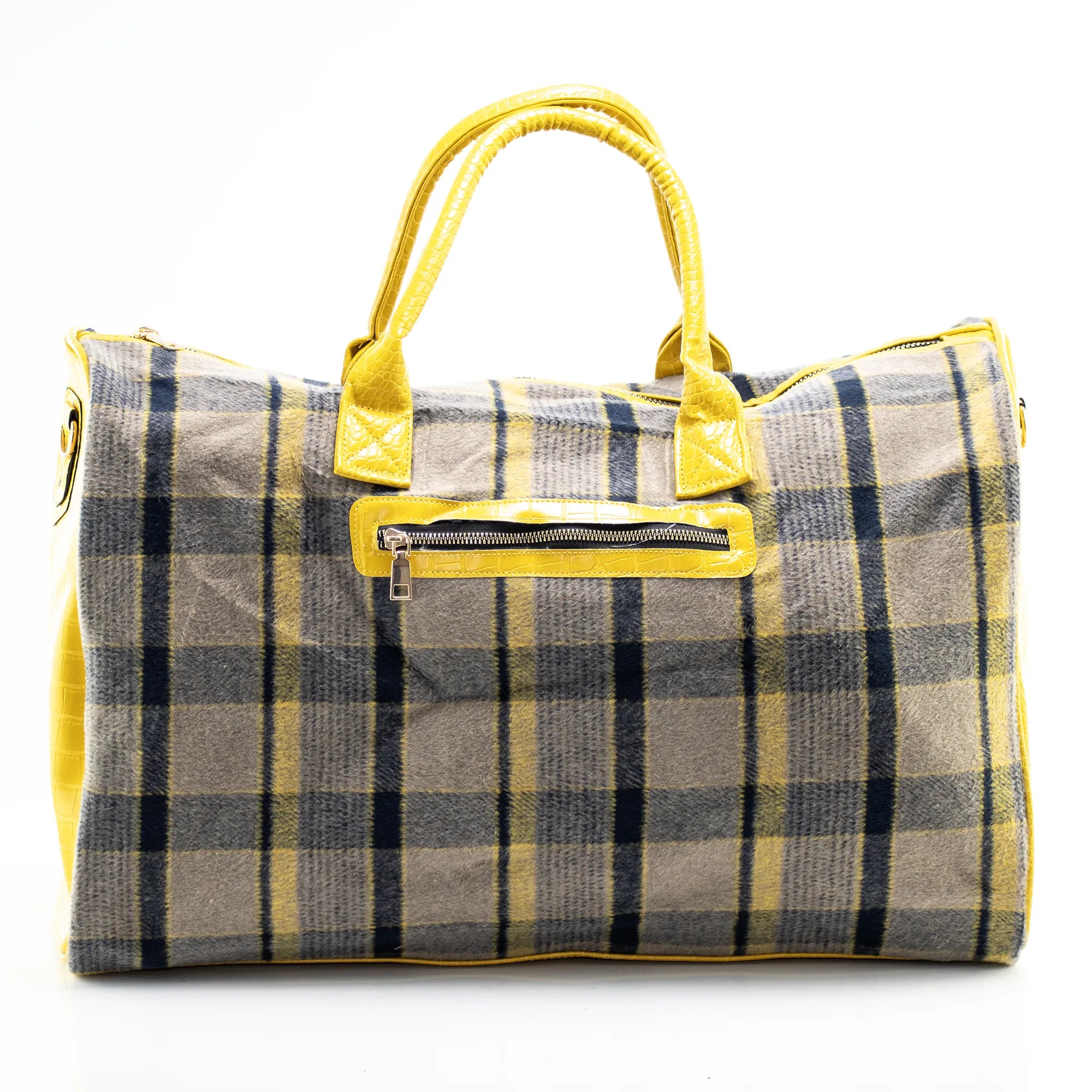 Gray Plaid and Yellow Leather Travel Bag
