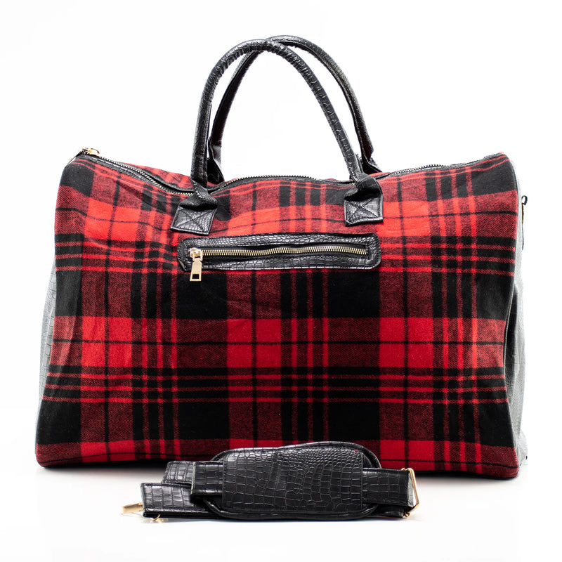 Red and Black Plaid and Leather Travel Bag
