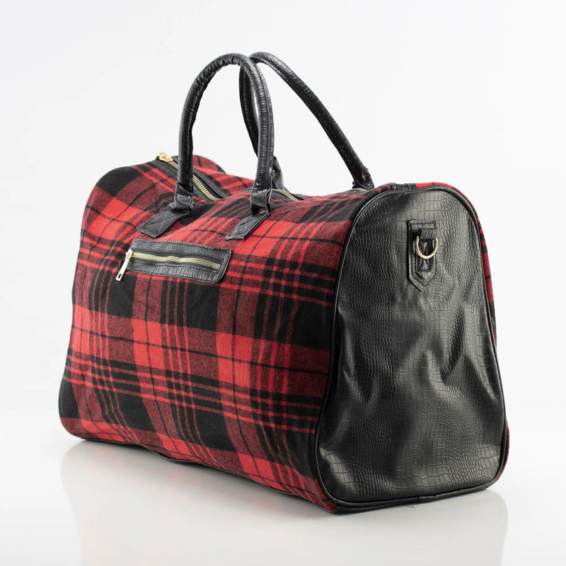 Red and Black Plaid and Leather Travel Bag