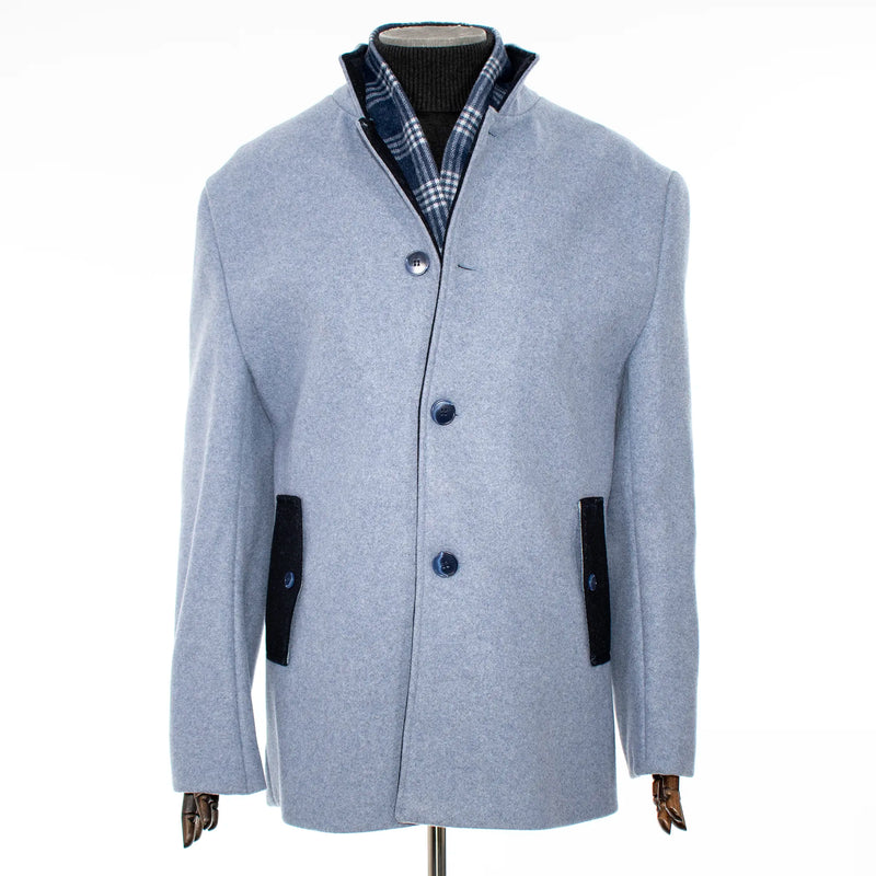 Blue Fleece Overcoat with Plaid Lining