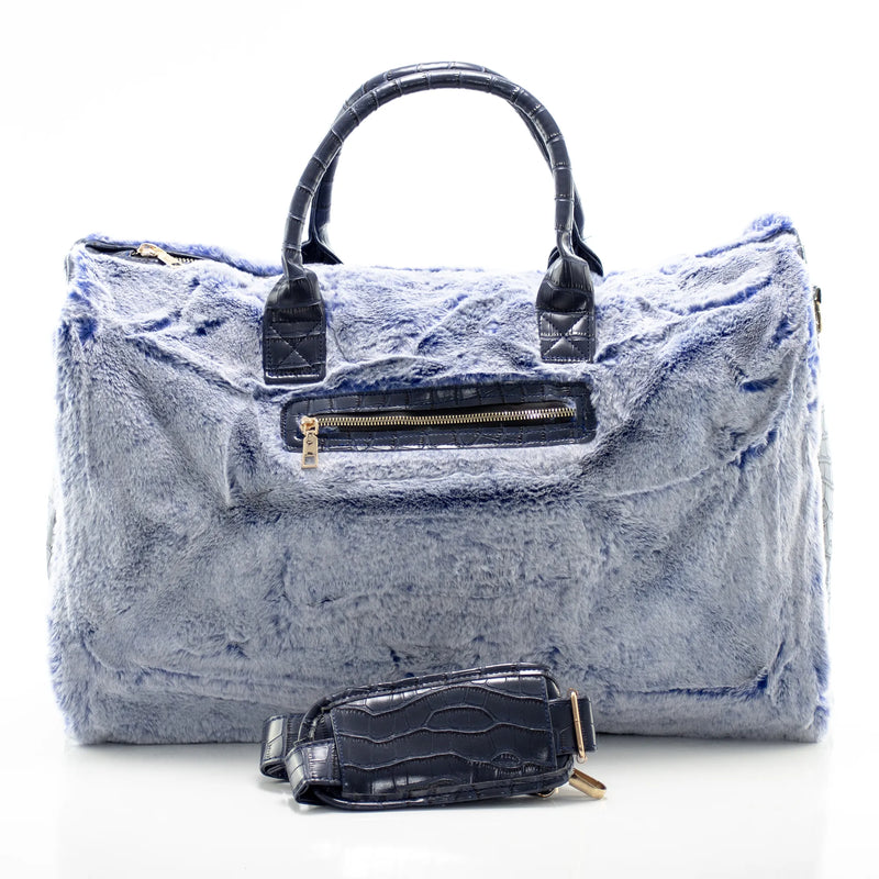 Blue Fur and Navy Leather Travel Bag