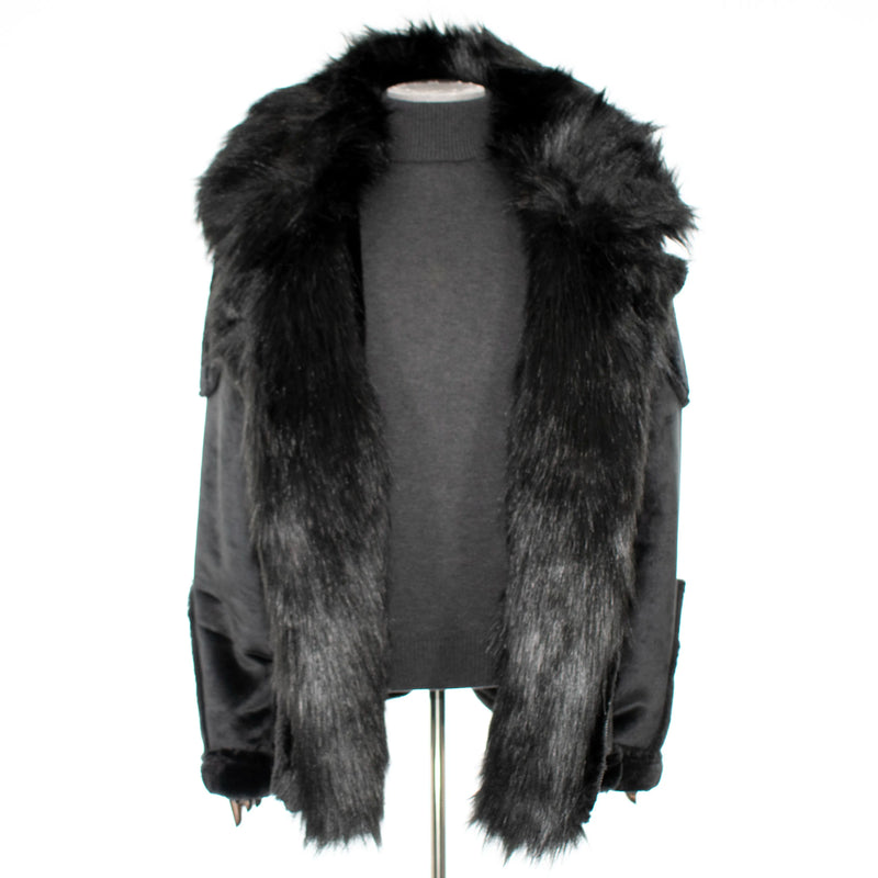 Black Suede Hooded Overcoat With Fur Collar