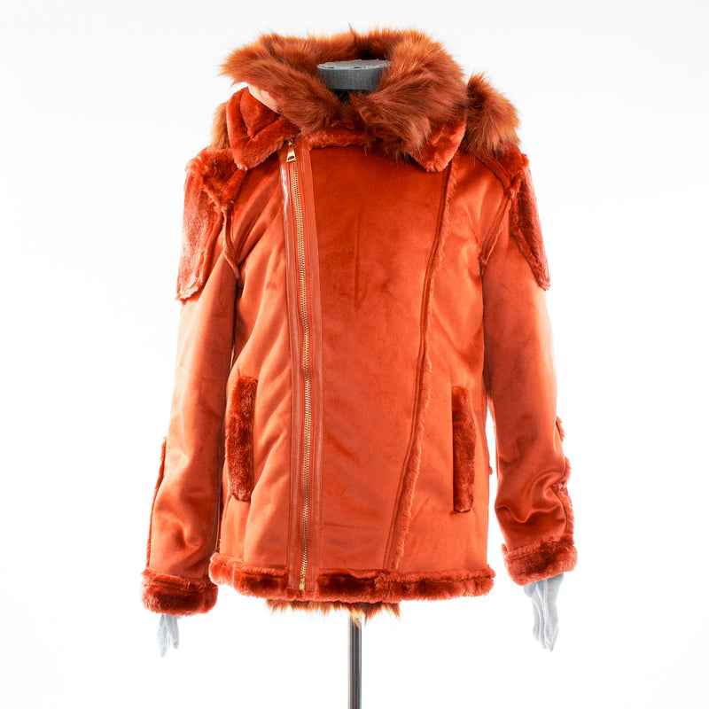 Copper Suede Hooded Overcoat With Fur Collar