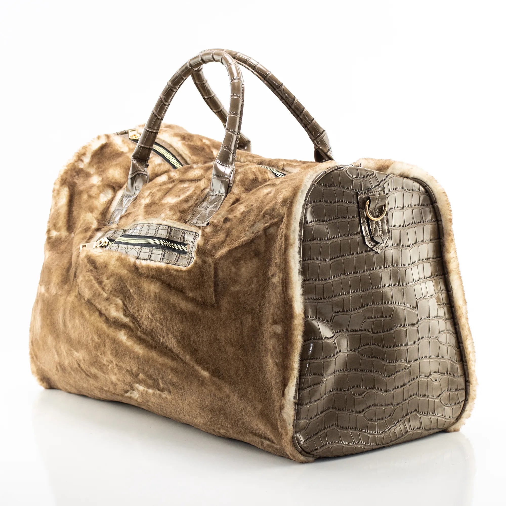 Khaki Fur and Dark Khaki Leather Travel Bag