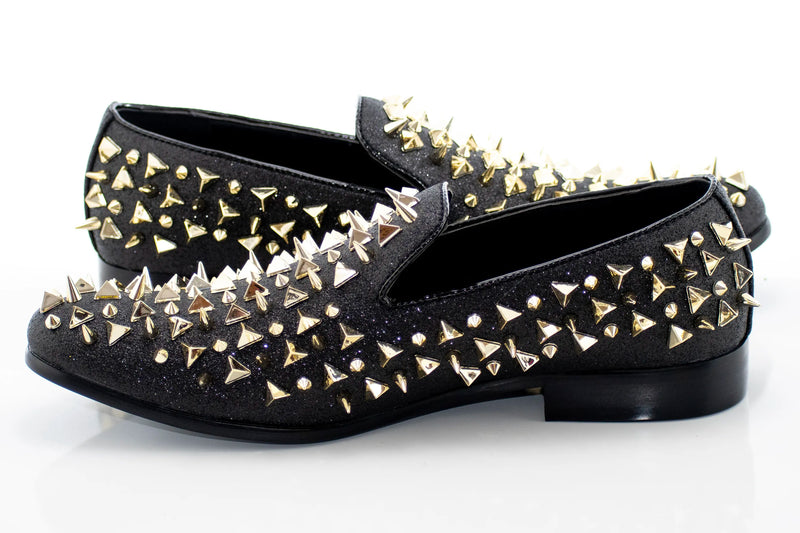 Men's Black And Gold Spiked Slip-On Dress Loafer