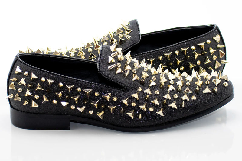 Men's Black And Gold Spiked Slip-On Dress Loafer