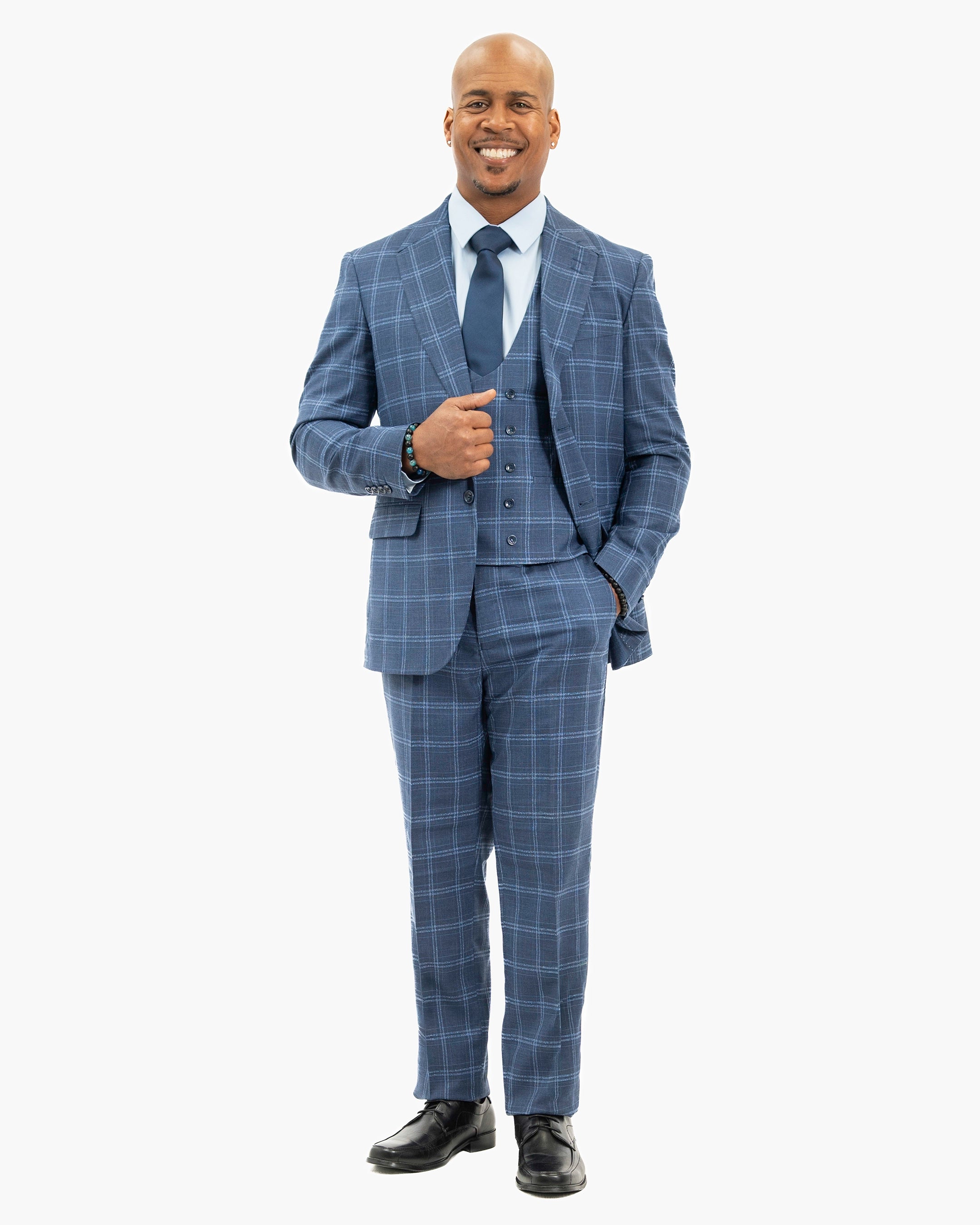 Blue Double-Windowpane 3-Piece Tailored-Fit Suit