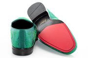 Green Studded Satin Smoking Loafer