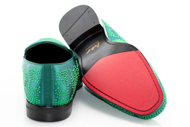 Green Studded Satin Smoking Loafer