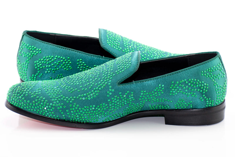 Green Studded Satin Smoking Loafer