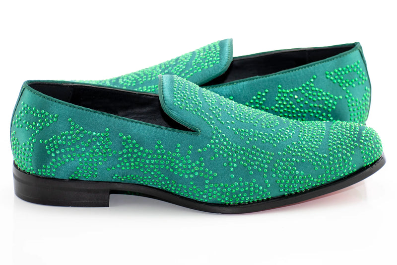 Green Studded Satin Smoking Loafer