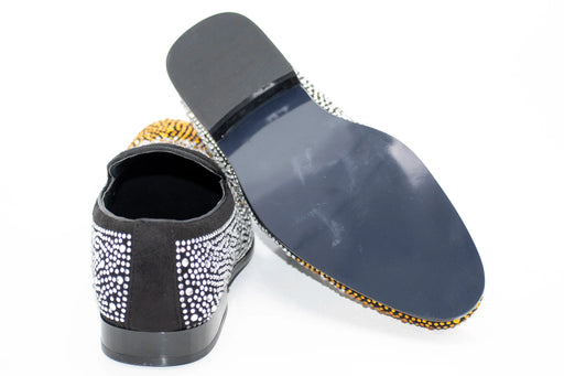 Gold and Silver Rhinestone Suede Smoking Loafers