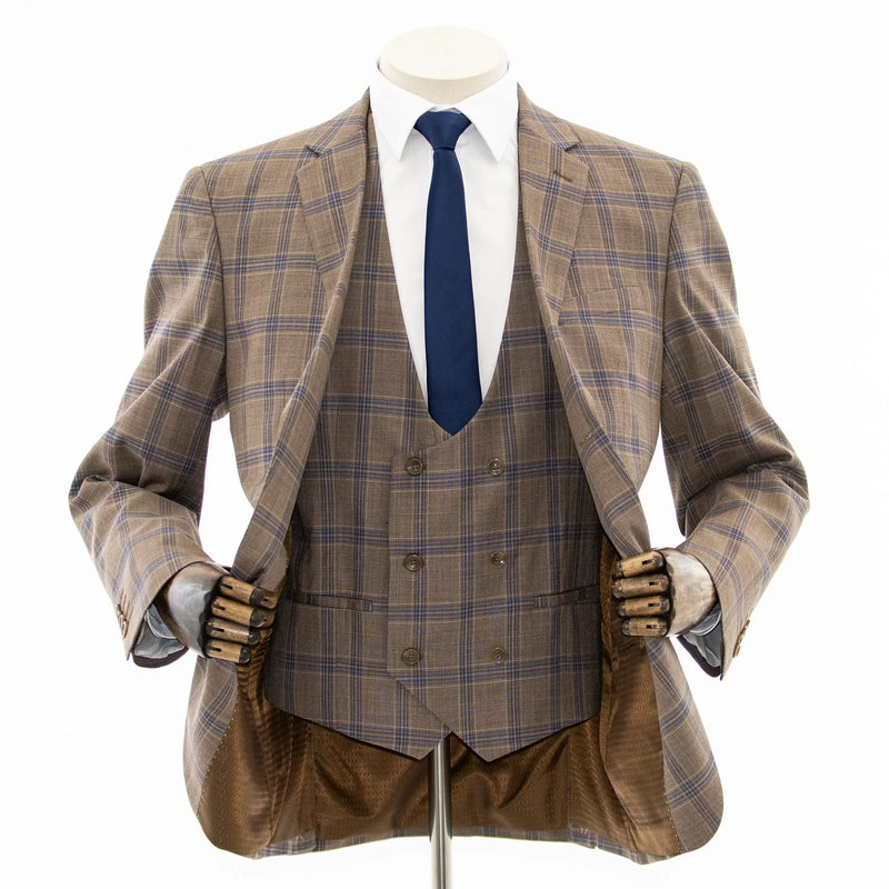 Taupe Plaid 3-Piece Tailored-Fit Suit