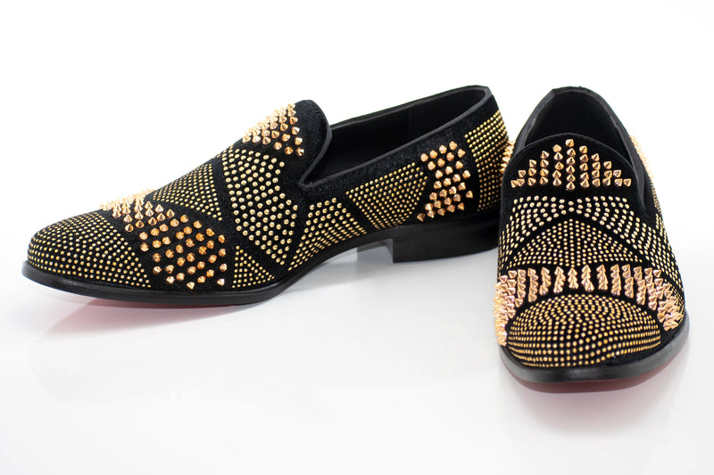 Men's Black And Gold Studded Spiked Dress Loafer