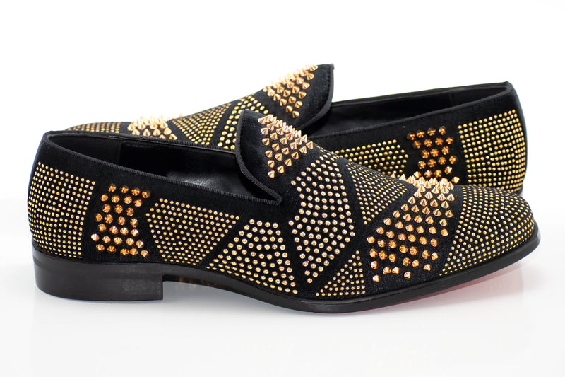 Men's Black And Gold Studded Spiked Dress Loafer