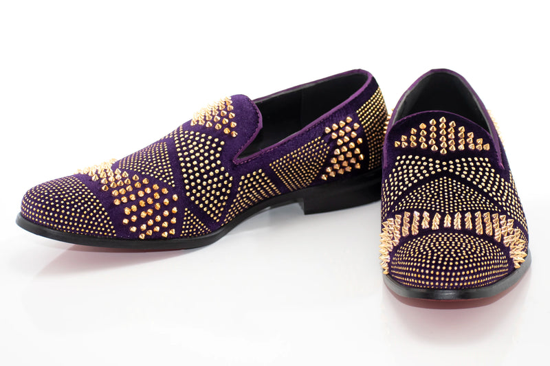 Men's Purple And Gold Studded Spiked Dress Loafer