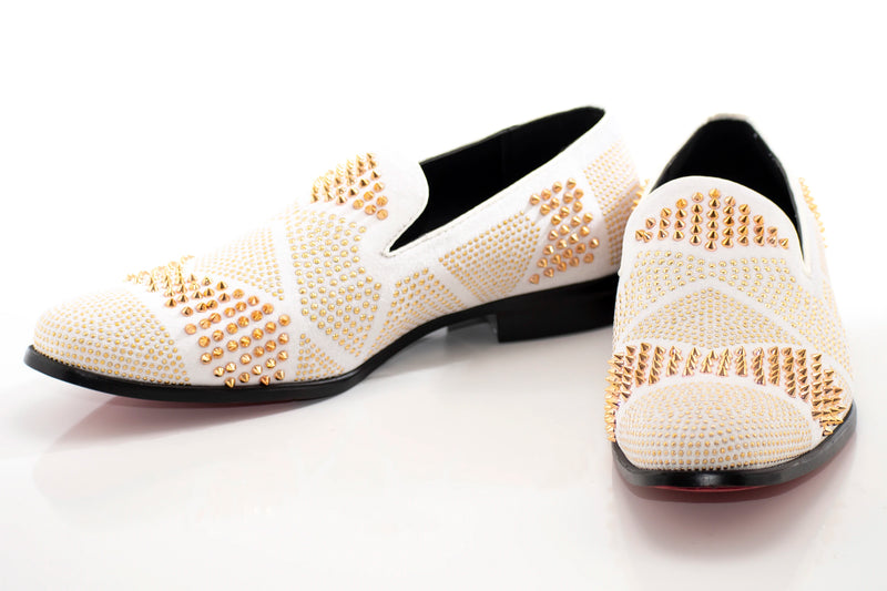 White and Gold Studded Spiked Dress Loafer 11 / White/Gold White and Gold Studded Spiked Dress Loafer 11 / White/Gold