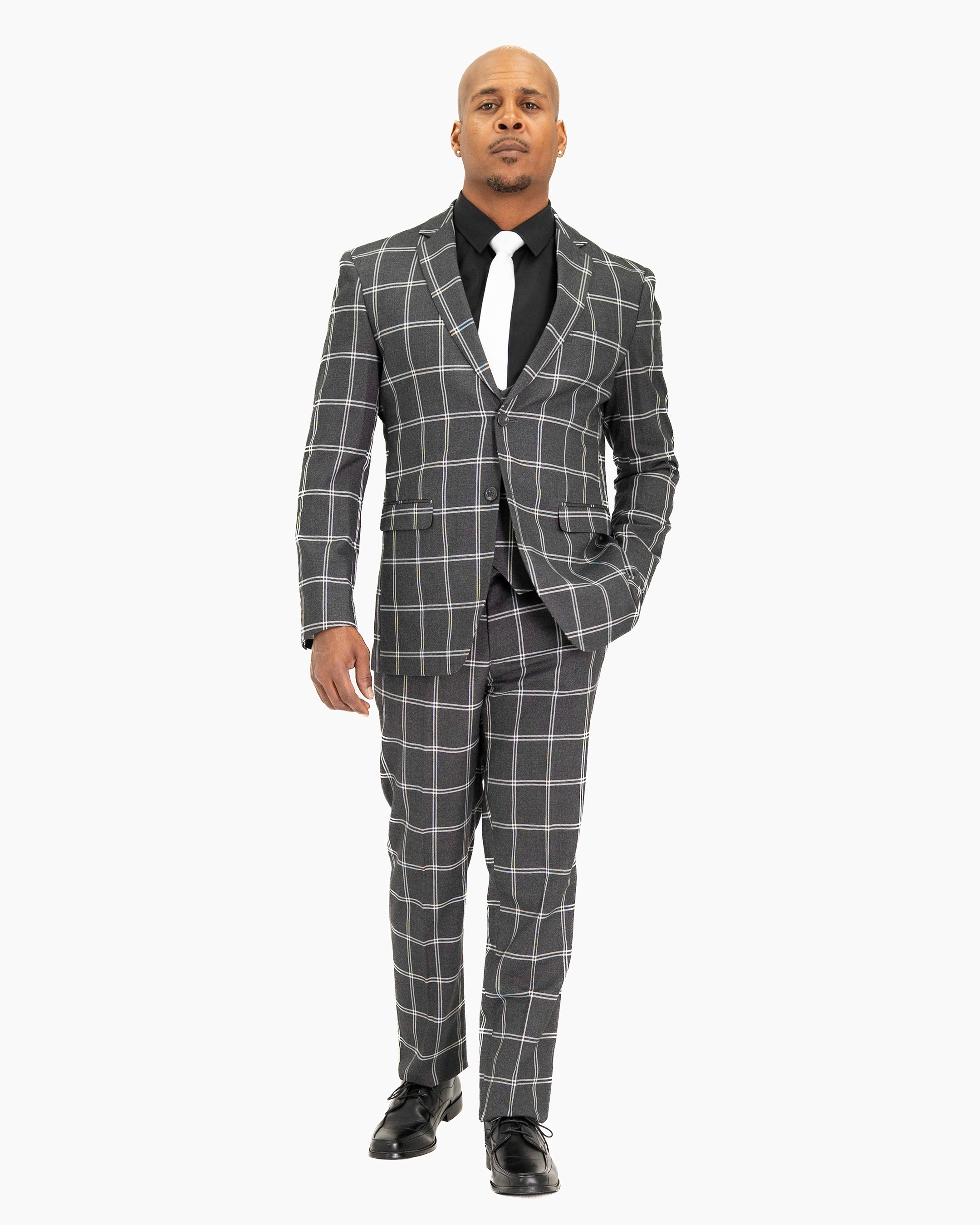 Dark Gray Plaid 3-Piece Tailored-Fit Suit
