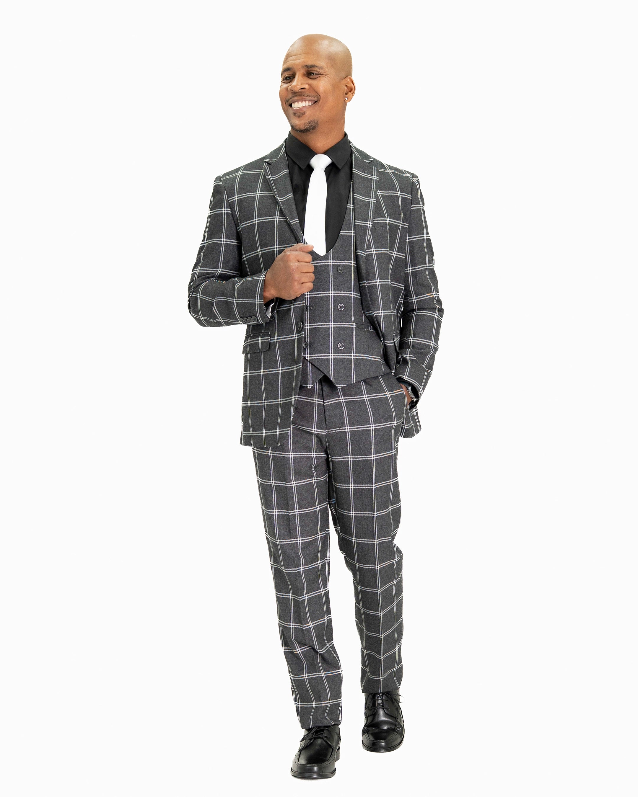 Dark Gray Plaid 3-Piece Tailored-Fit Suit