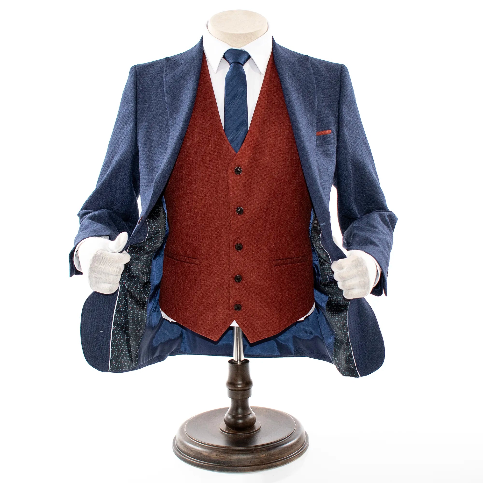 Men's Sapphire Blue And Rust 3-Piece Suit With Peak Lapels