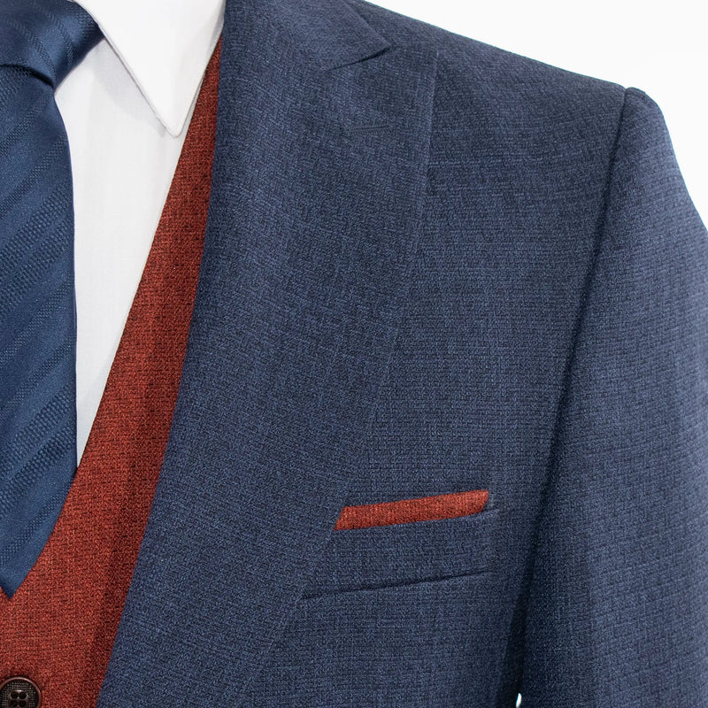 Men's Sapphire Blue And Rust 3-Piece Suit With Peak Lapels