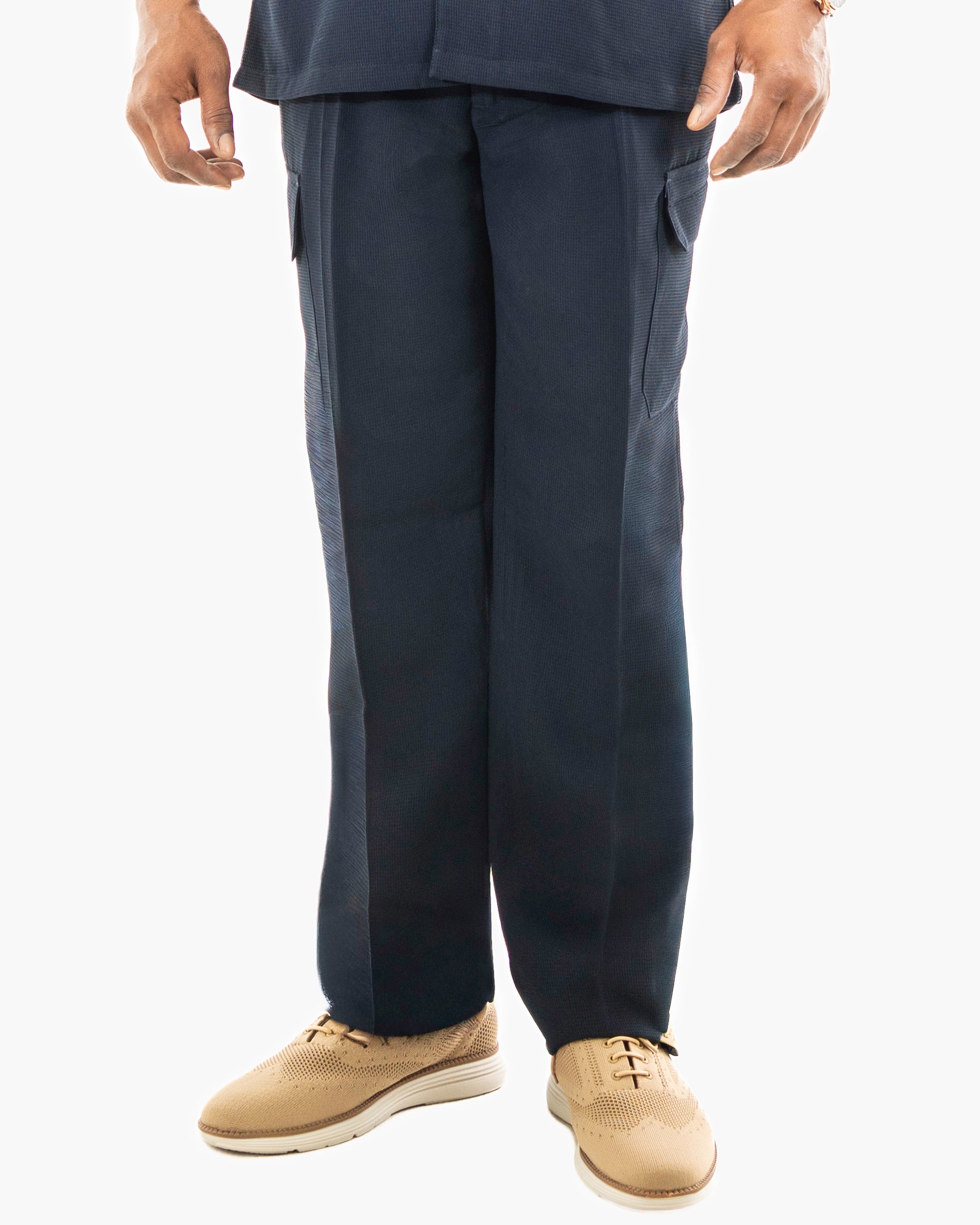 Navy Blue Tailored-Fit Linen Textured Pants