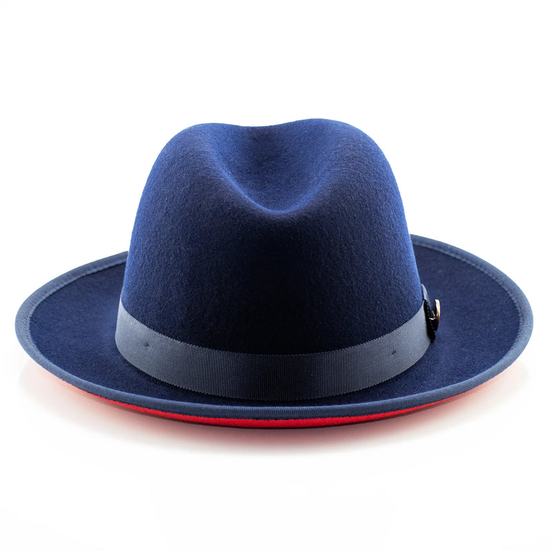 Navy Blue Wool Pinch Front Fedora With Red Bottom