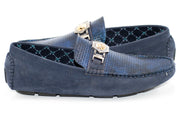 Navy Textured Leather Driver Loafer with Gold Lion Head