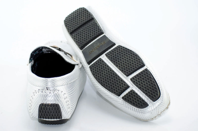 White Textured Leather Driver Loafer with Gold Lion Head