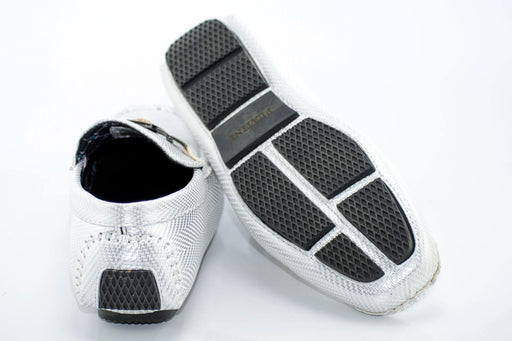 White Textured Leather Driver Loafer with Gold Lion Head