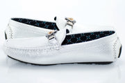 White Textured Leather Driver Loafer with Gold Lion Head