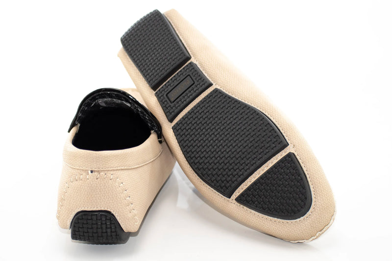 Beige Textured Leather Driver Loafer with Shield Emblem