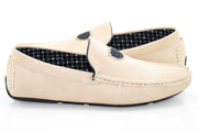 Beige Textured Leather Driver Loafer with Shield Emblem