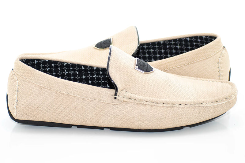 Beige Textured Leather Driver Loafer with Shield Emblem