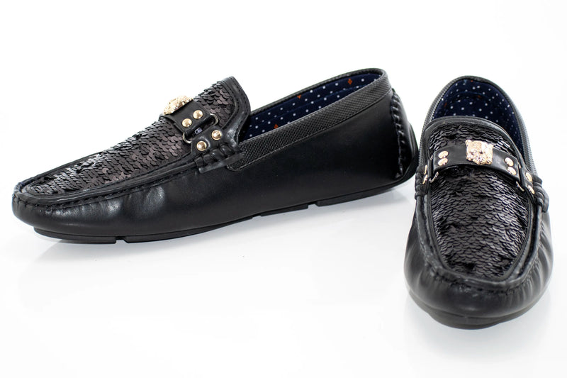 Black Sequined Driver Loafer with Gold Bit