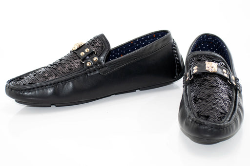 Black Sequined Driver Loafer with Gold Bit