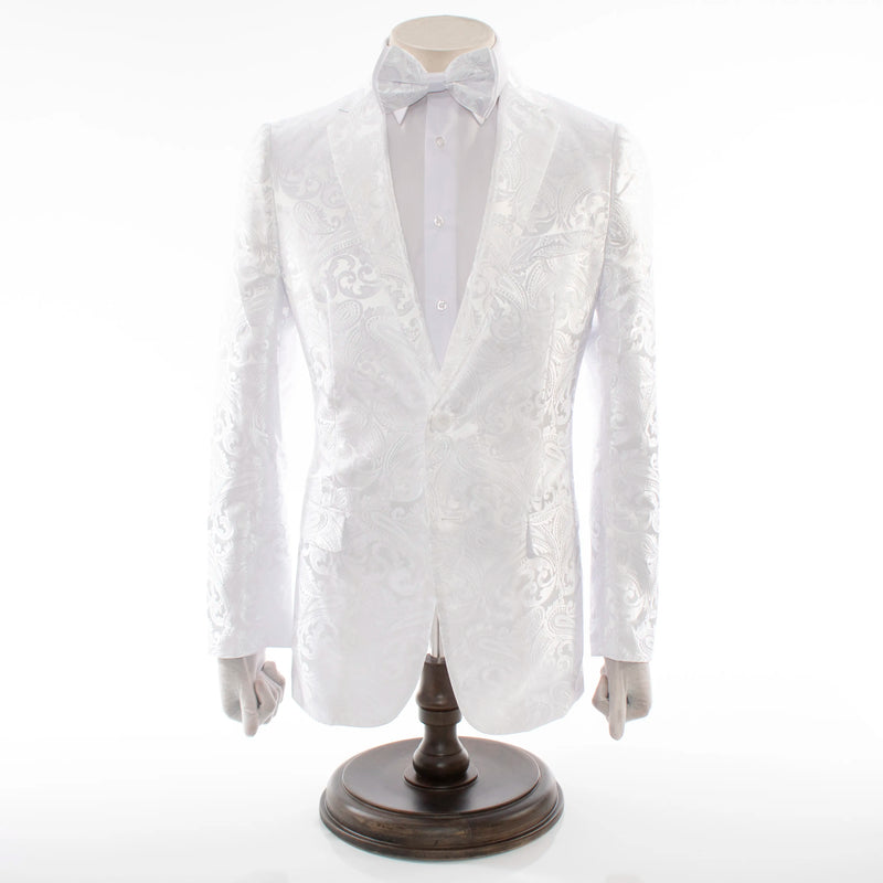 White Paisley Designer Modern-Fit Jacket With Notch Lapels
