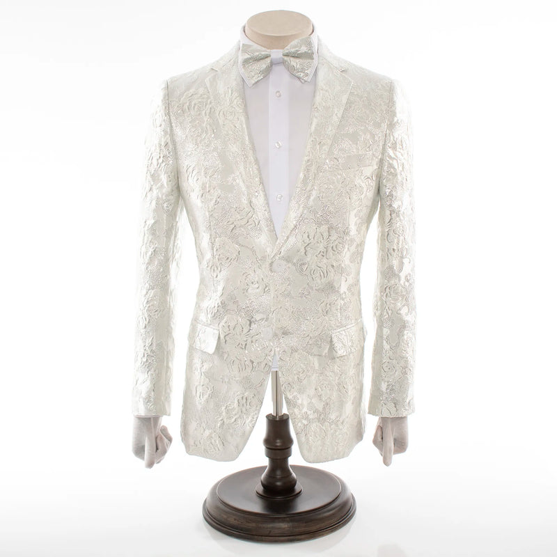 White Woven Floral Modern-Fit Jacket