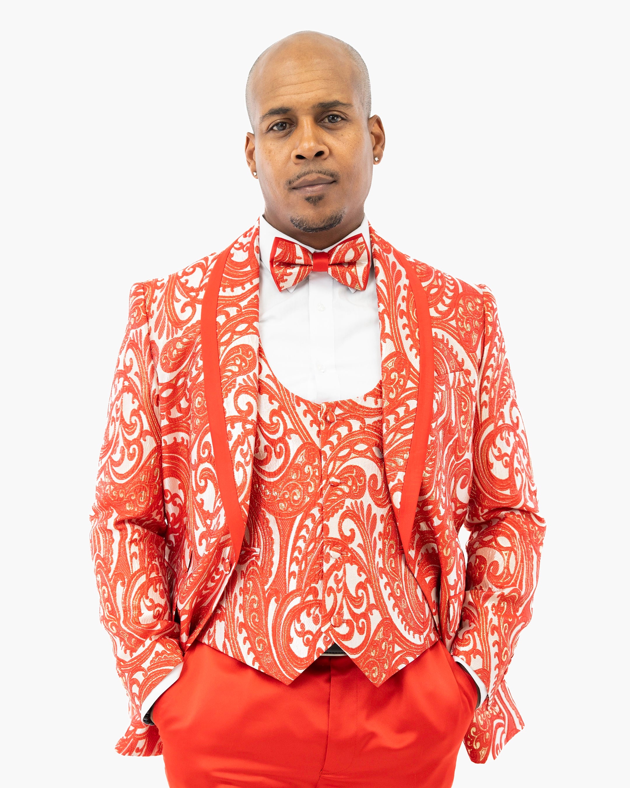 Red Woven Baroque 3-Piece Slim-Fit Tuxedo