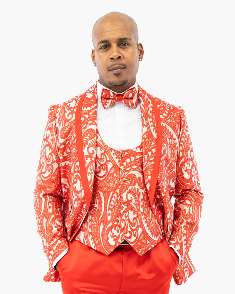 Red Woven Baroque 3-Piece Slim-Fit Tuxedo
